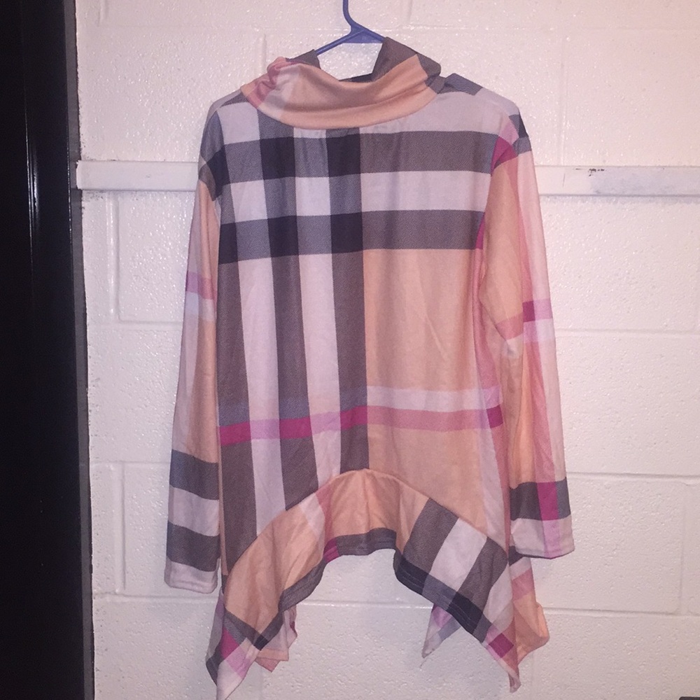 Cowl Neck Irregual Tunic Top Plaid